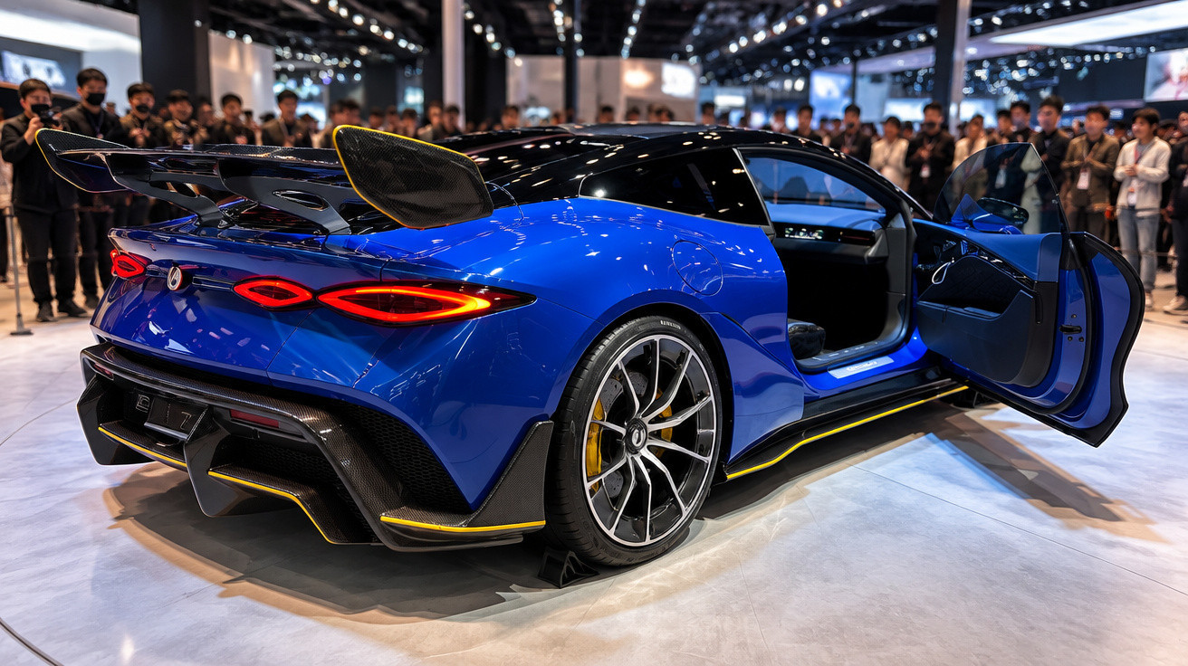 Blauer Sportwagen mit geöffneten Türen und großem Heckflügel auf Autoshow mit Publikum im Hintergrund.