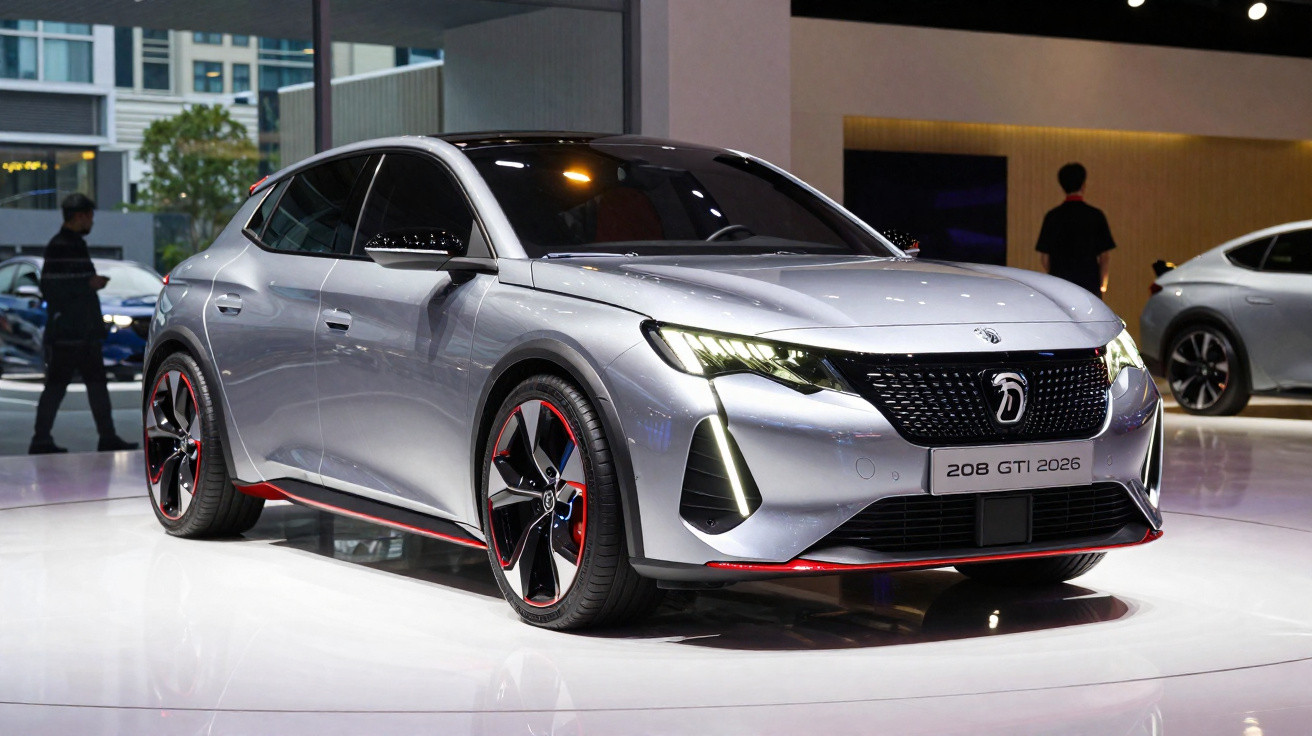 Silberner Peugeot 208 GTI 2026 auf glänzend weißem Ausstellungsboden mit moderner LED-Beleuchtung.