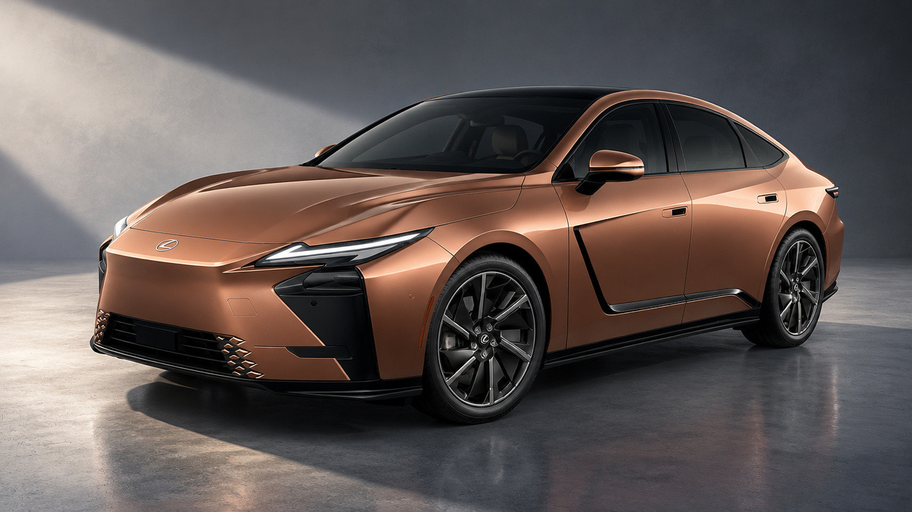 Bronzefarbener Lexus Elektroauto mit sportlichem Design vor neutralem Hintergrund in Innenraumstudio.