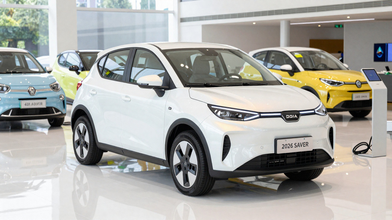 Weißes Elektroauto 2026 SAVER in einem Autohaus mit weiteren Fahrzeugen im Hintergrund.