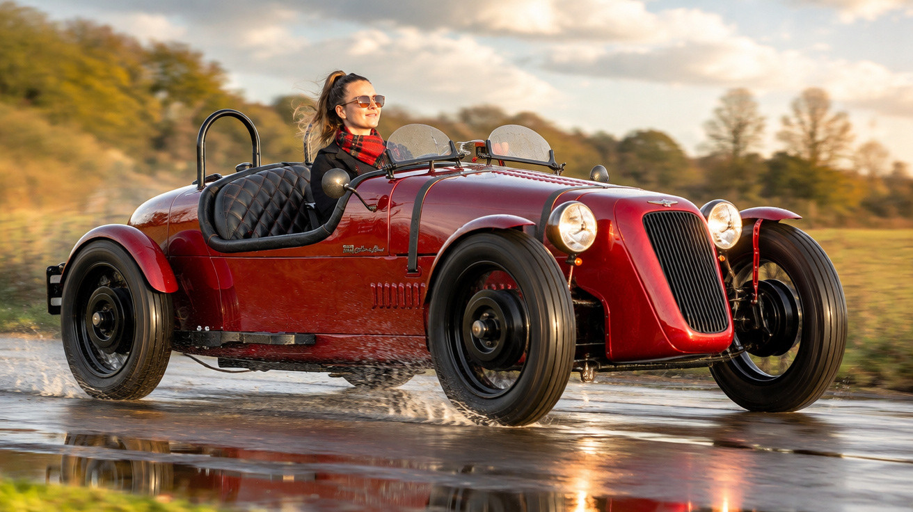 Frau fährt roten Oldtimer-Sportwagen auf nasser Straße bei sonnigem Herbstwetter.