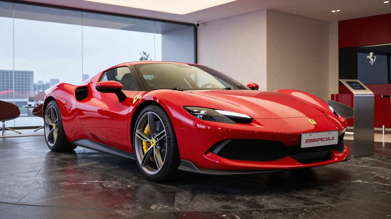 Roter Ferrari 2985 Speciale Supersportwagen in modernem Showroom mit Glasfront und grauem Marmorboden.
