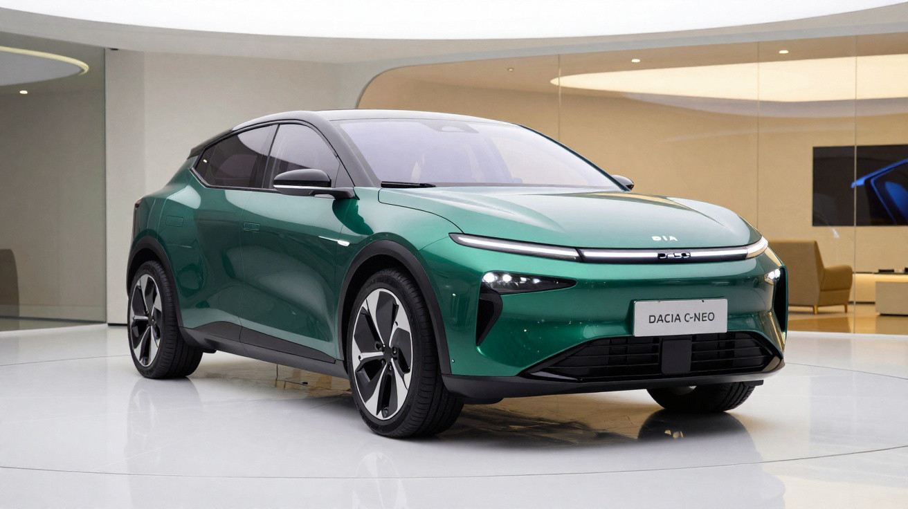Grünes Elektroauto Dacia C-NEO in modernem Showroom mit glattem, aerodynamischem Design.