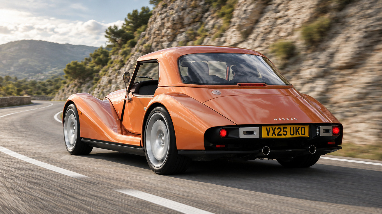 Oranger Morgan-Automobilklassiker fährt eine kurvige Bergstraße entlang, umgeben von felsigen Hügeln und Bäumen.