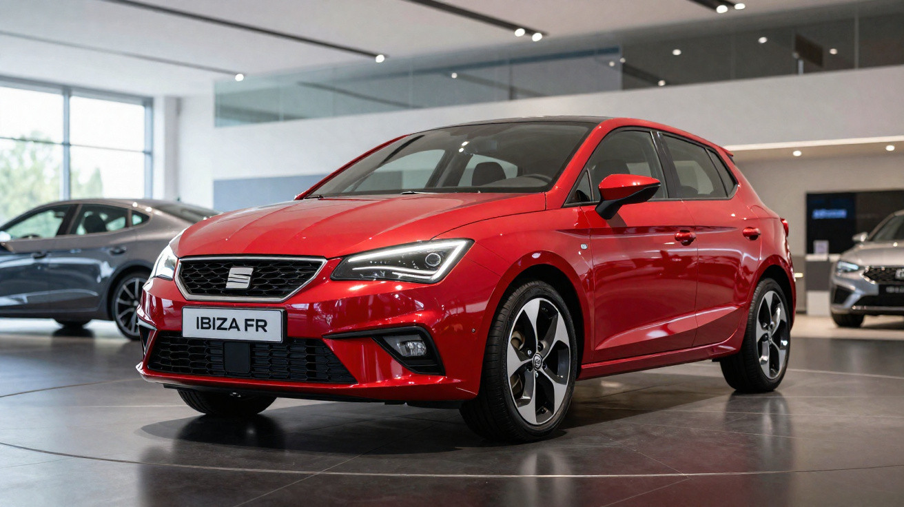 Roter Seat Ibiza FR in Autoausstellung mit modernen LED-Scheinwerfern und sportlichem Design.