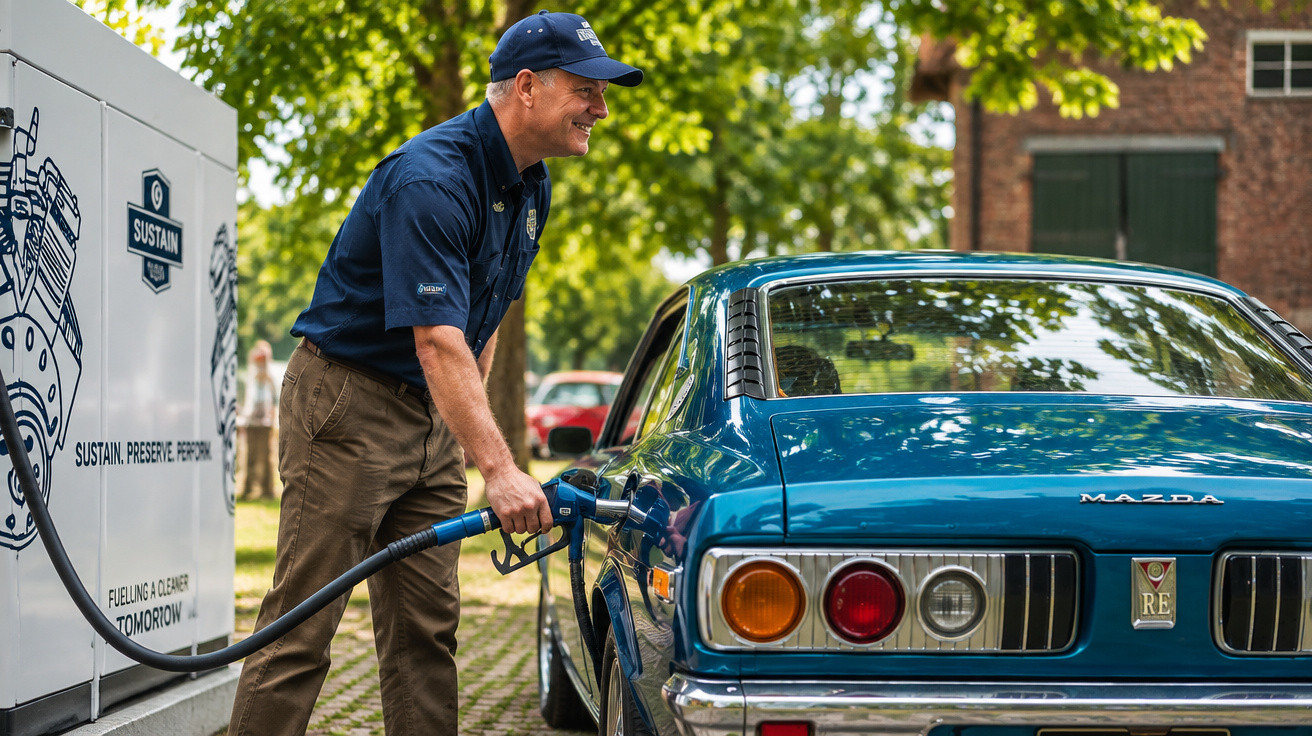 Mann tankt ein blaues Vintage-Auto an einer Zapfsäule im Freien bei sonnigem Wetter.
