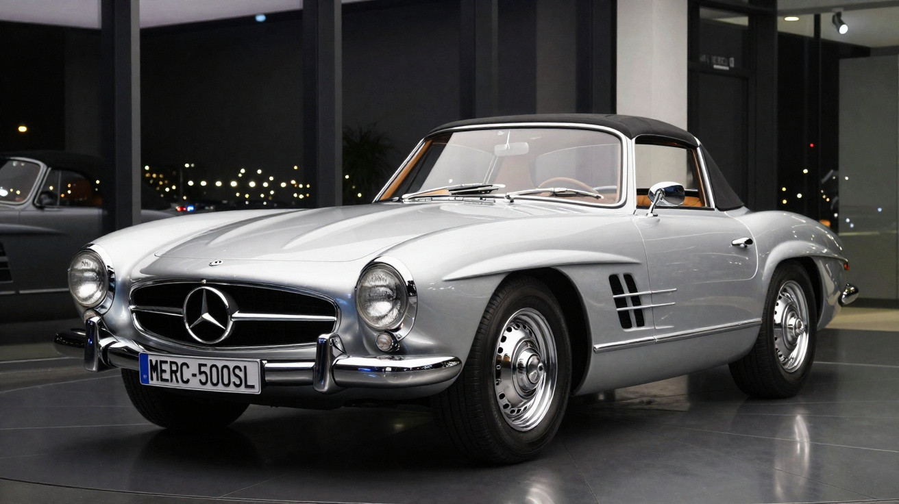 Silberner Mercedes-Benz 300SL Roadster mit schwarzem Verdeck in einem Museum bei Nacht.