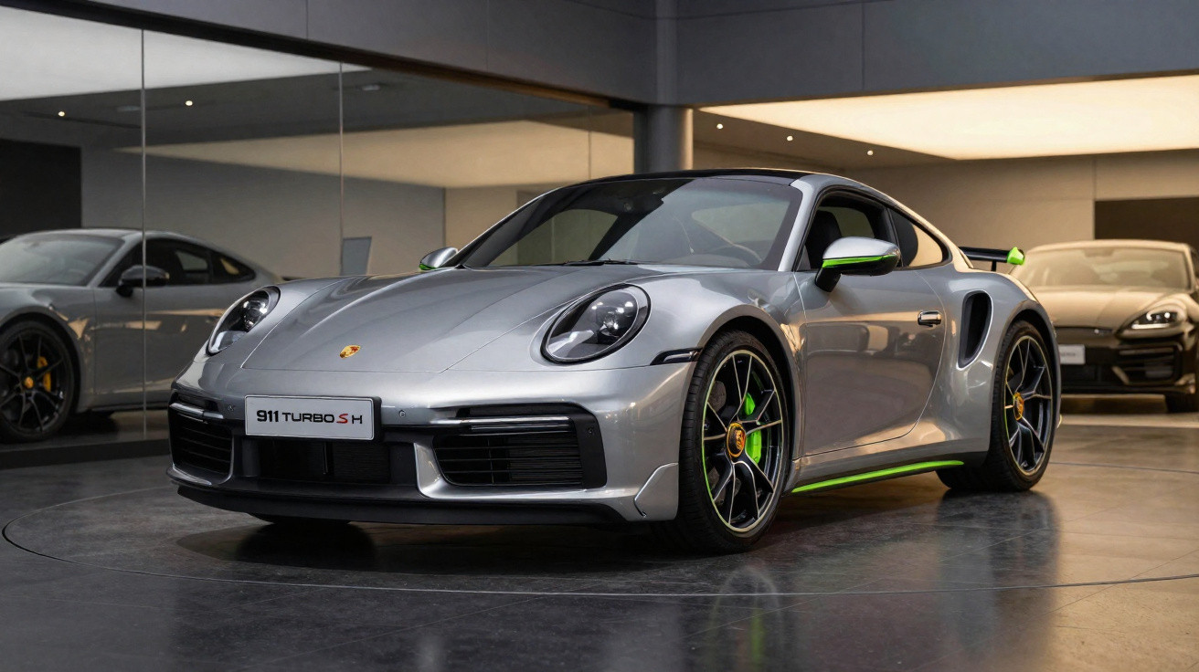 Silberner Porsche 911 Turbo S auf einem Drehteller in einem modernen Autohaus mit Spiegelwand.