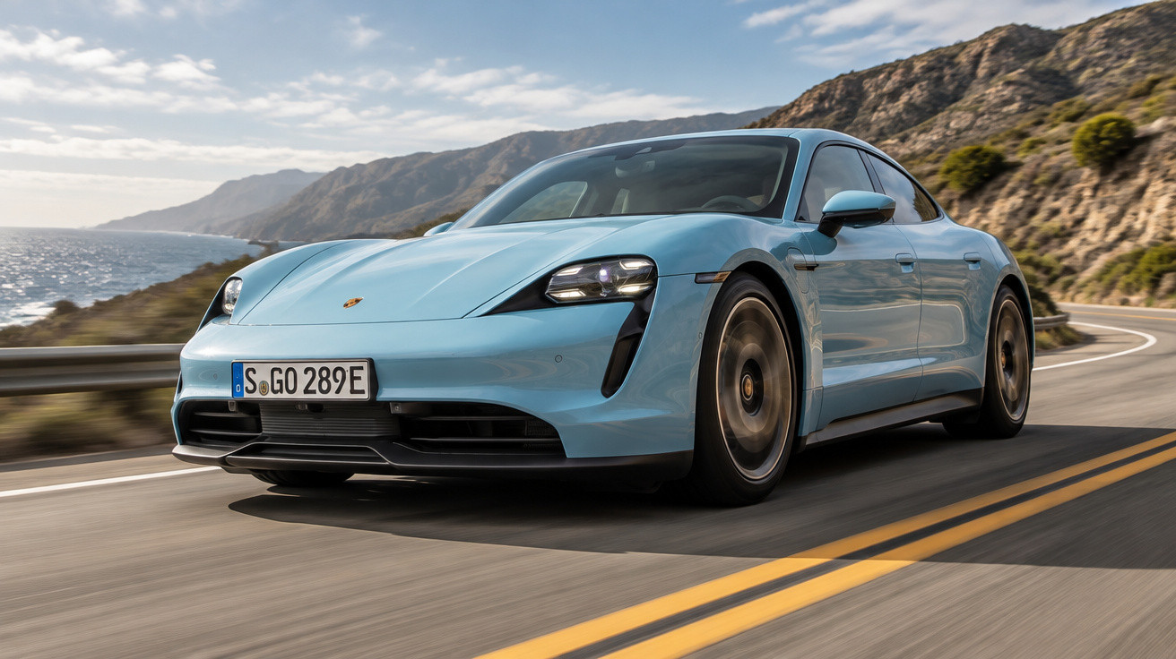 Blauer Porsche Taycan fährt auf kurviger Küstenstraße mit Meer und Bergen im Hintergrund bei Sonnenschein.