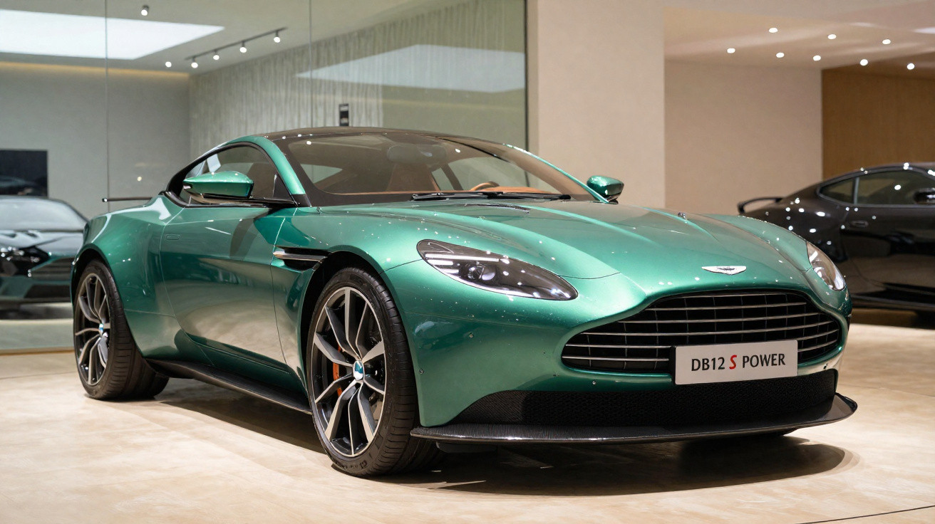 Grüner Aston Martin DB12 S Power Sportwagen in einem modernen, gut beleuchteten Showroom.