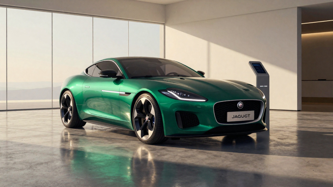 Grüner Jaguar-Sportwagen steht in modernem, hellem Raum mit glänzendem Boden und großem Fensterfront.