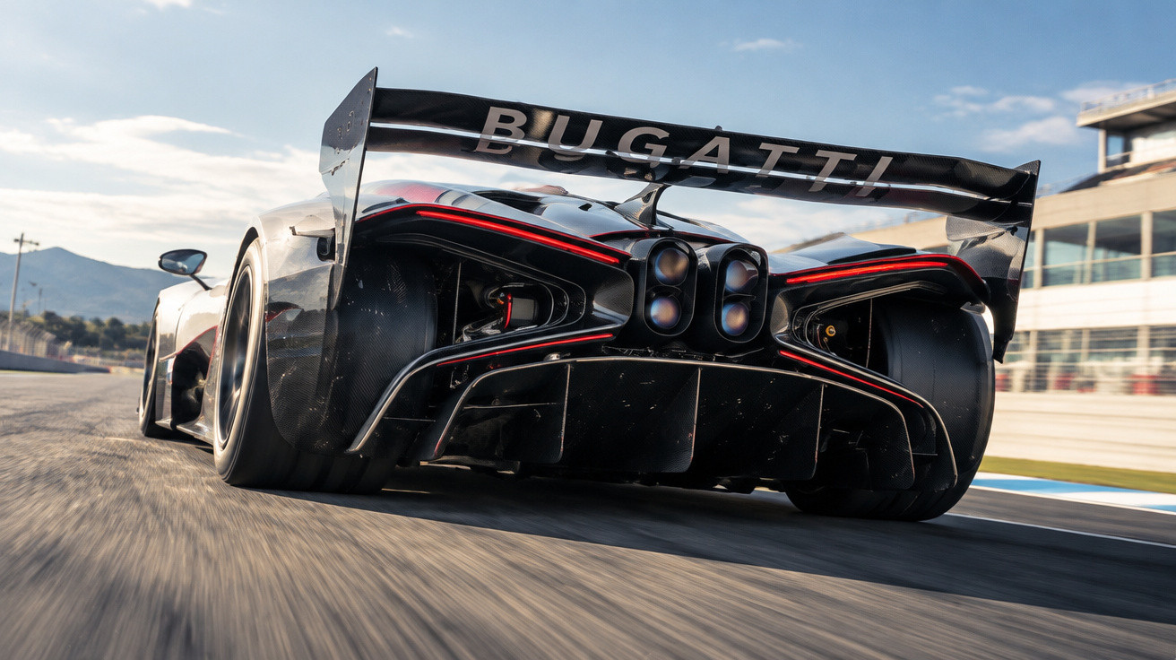 Heckansicht eines schwarzen Bugatti-Supersportwagens auf der Rennstrecke bei Sonnenschein.
