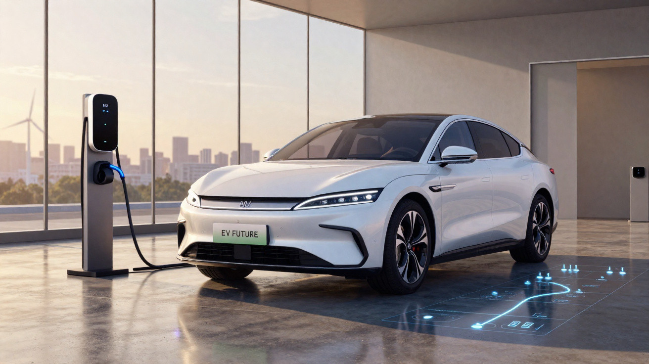 Weißes Elektroauto an Ladestation in modernem Gebäude mit Stadtblick und digitaler Bodenprojektion.