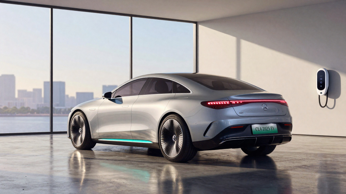 Silberfarbener Mercedes-Elektrowagen lädt an Wandsteckdose in modernem Raum mit großem Panoramafenster.