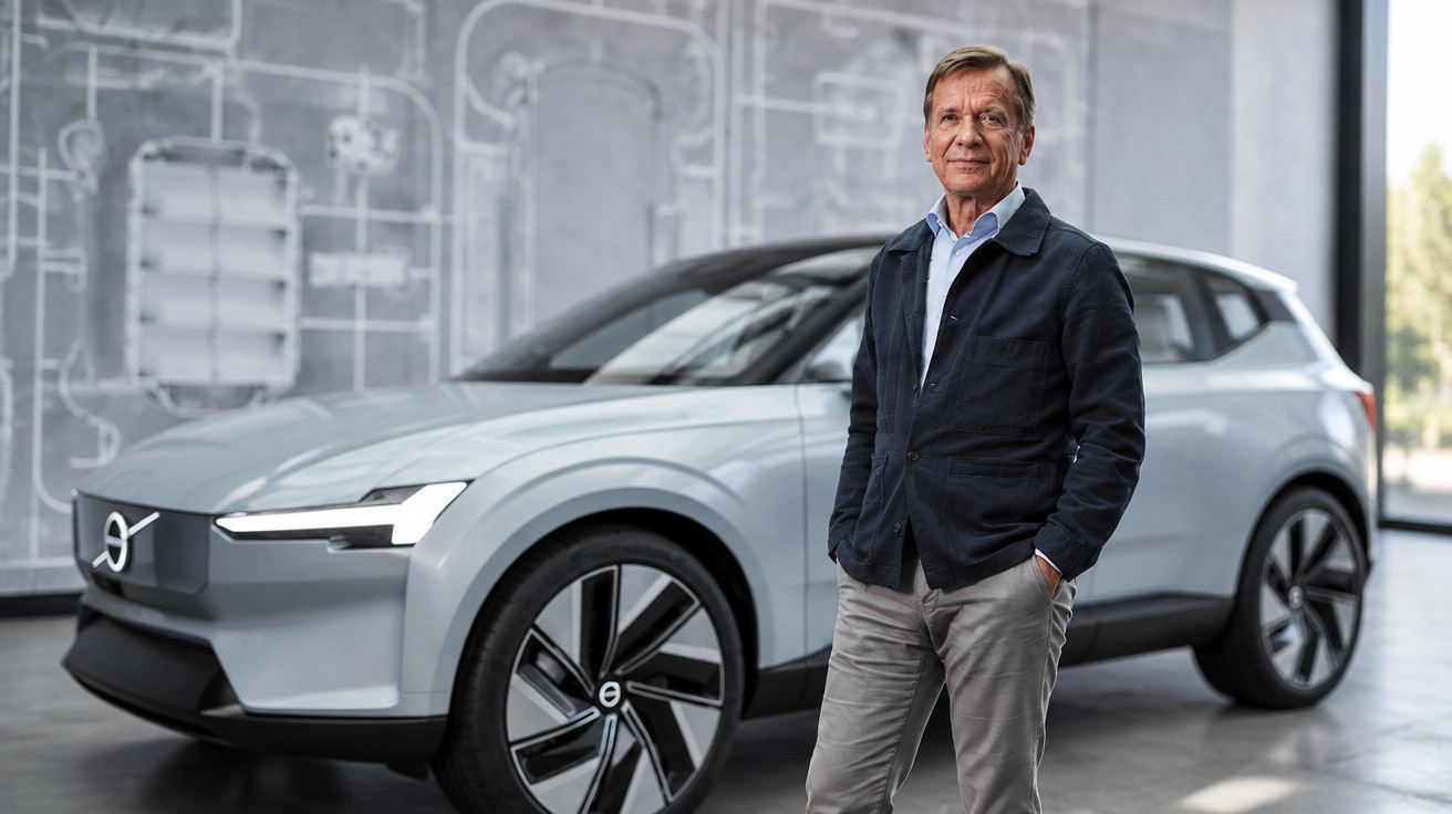 Älterer Mann steht vor einem silbernen Volvo Elektroauto in einer modernen Ausstellungshalle.