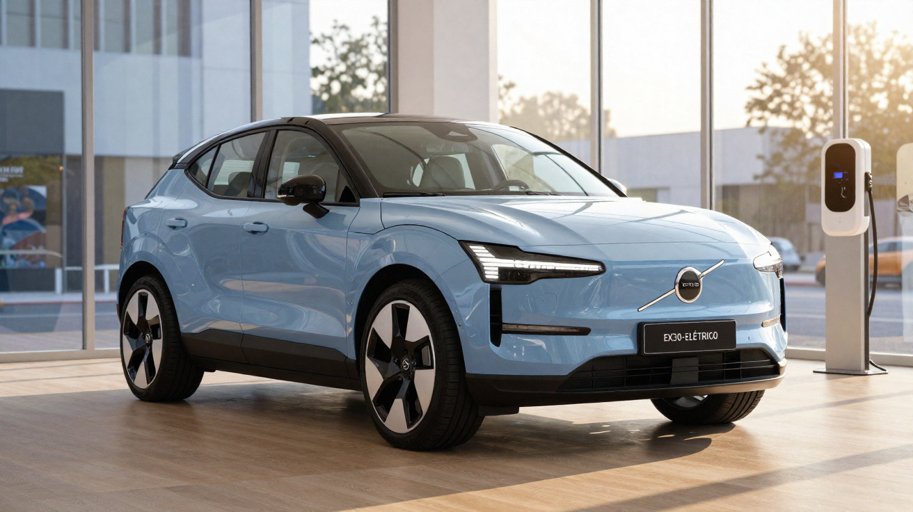 Blauer Volvo Elektro-SUV mit schwarzem Dach steht in modernem Showroom neben Ladestation.