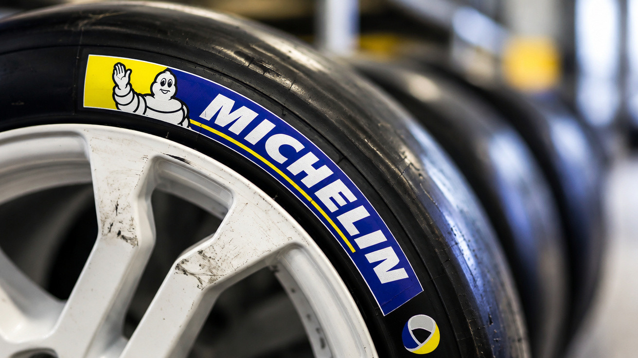Nahaufnahme eines Michelin-Reifen mit sichtbarem Firmenlogo auf schwarzem Gummi vor unscharfem Hintergrund.