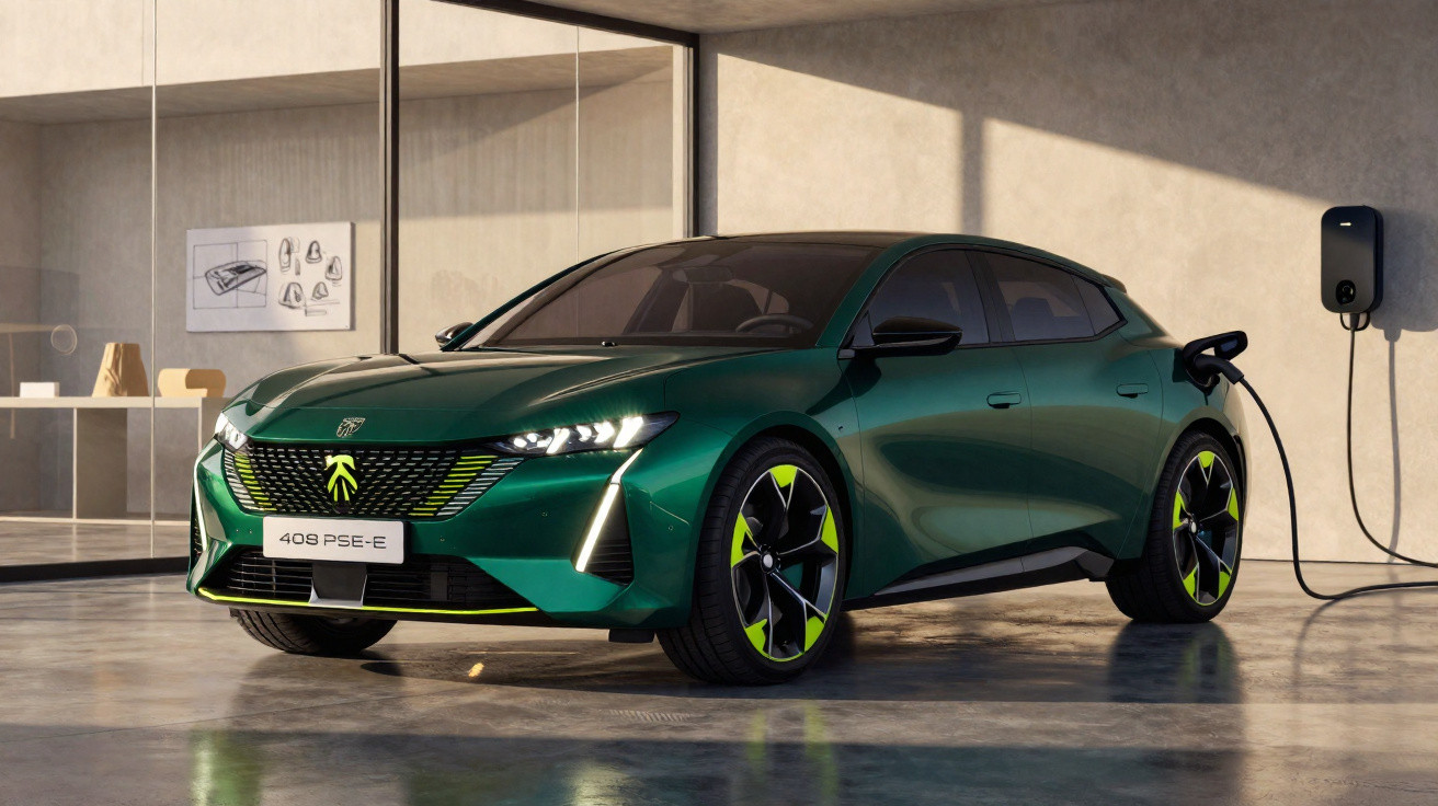 Grüner Peugeot 408 PSE-E Elektroauto, angesteckt an Ladestation in moderner Garage mit Glaswand.