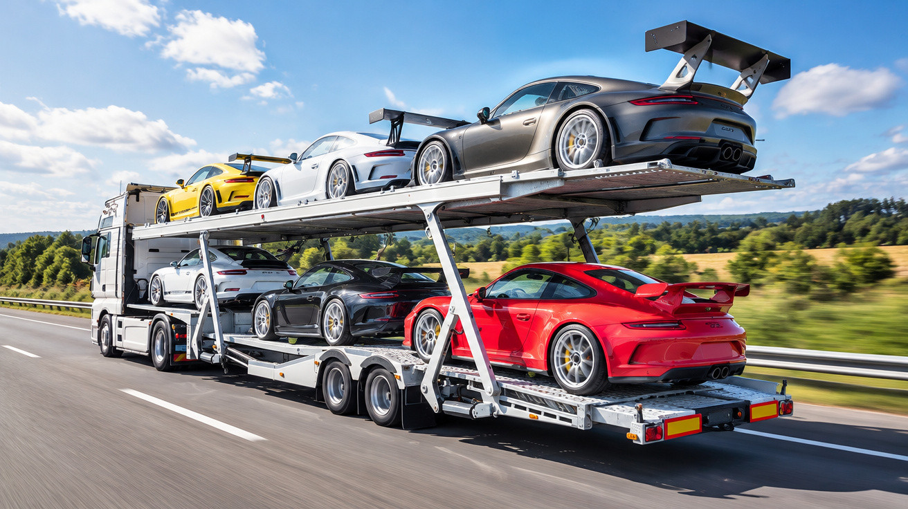 Autotransporter mit sechs Porsche-Sportwagen in verschiedenen Farben auf einer Autobahn bei klarem Himmel.