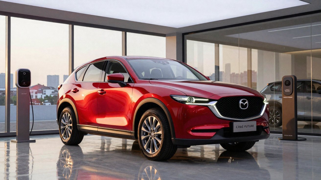 Roter Mazda CX-60 Future SUV in modernem Showroom mit Ladegeräten und Panorama-Fenstern im Hintergrund.
