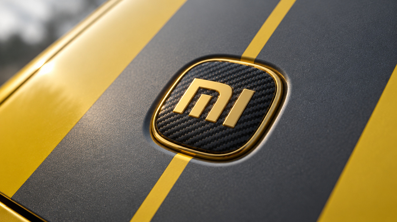 Nahaufnahme des Xiaomi-Logos auf einer schwarz-gelben Oberfläche mit Carbon-Struktur.