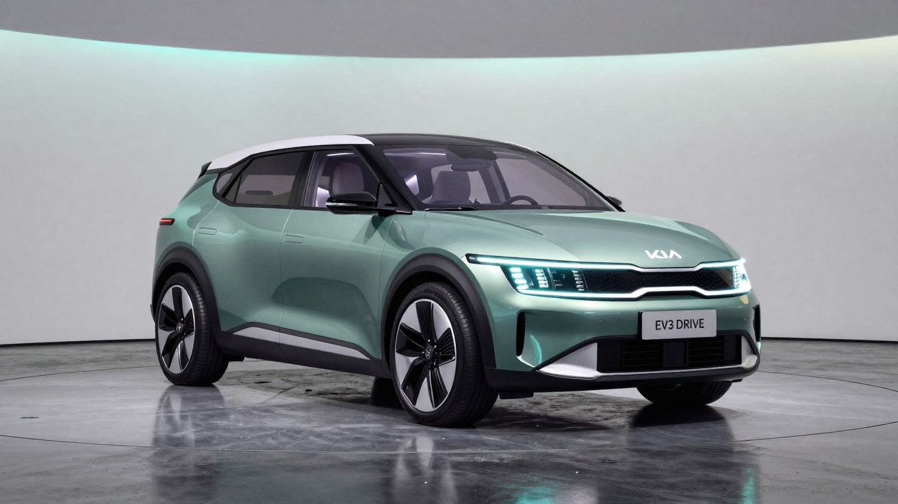 Grüner Kia EV3 Drive Elektro-SUV mit weißem Dach, modernes Design, stehender Präsentation in weißem Raum.