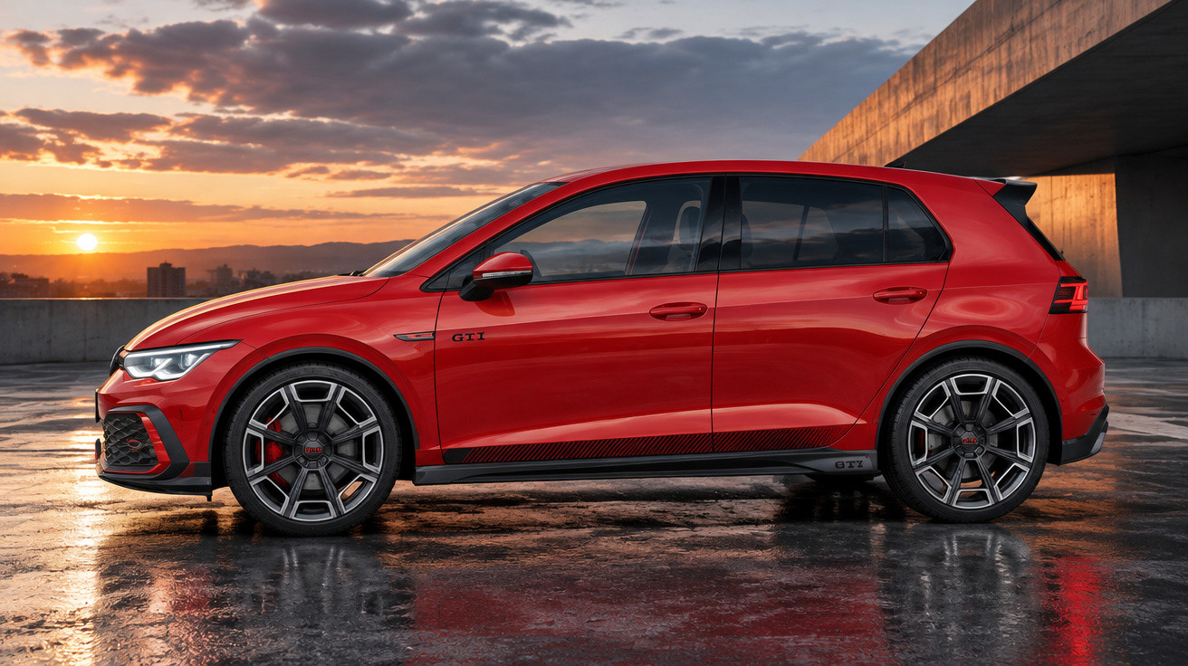 Roter VW Golf GTI geparkt auf nassem Dachparkplatz bei Sonnenuntergang mit bewölktem Himmel.