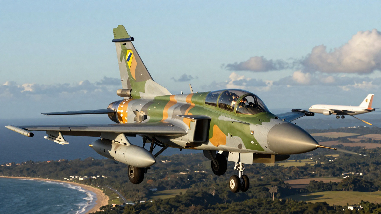 Kampfjet mit Tarnanstrich fliegt über Küstenlandschaft, Passagierflugzeug im Hintergrund am Himmel.