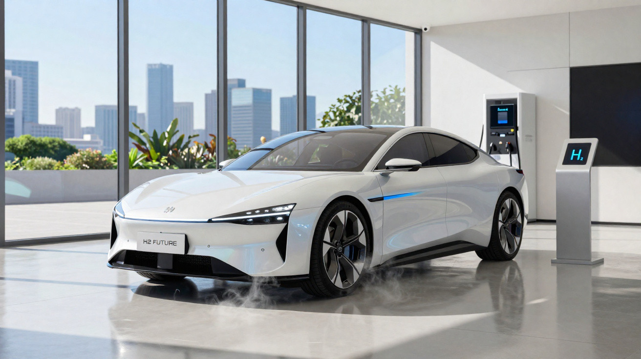 Weißes futuristisches Elektroauto in modernem Raum mit großen Fenstern und Wasserstoff-Ladesäule.