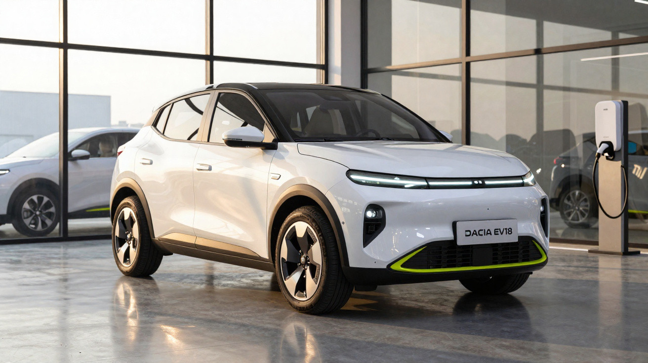 Weißer Dacia EV18 Elektro-SUV in moderner Ausstellungshalle neben Ladestation.