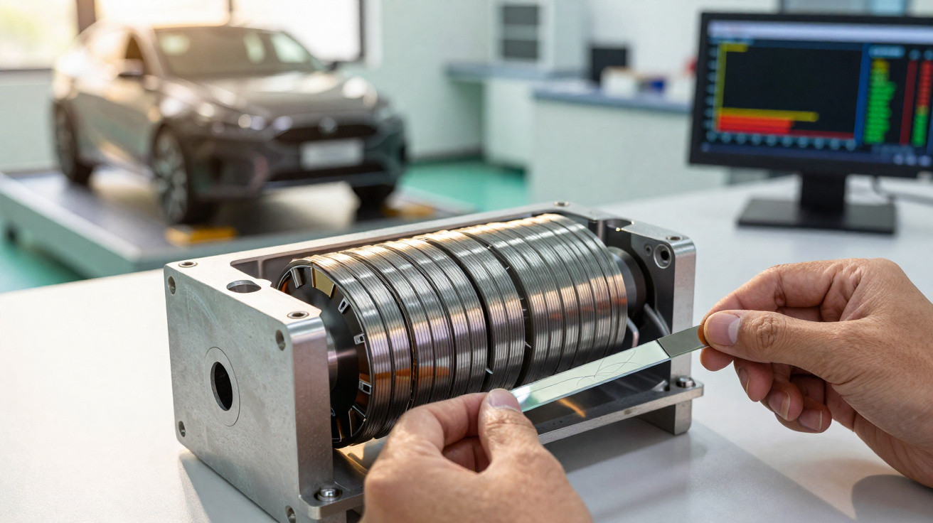 Person untersucht dünne Glasplatte vor einer magnetischen Spule, im Hintergrund Auto und Monitor mit Daten
