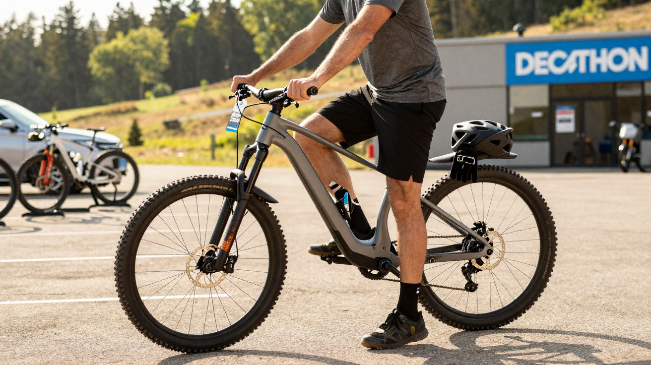 Mann steht mit Mountainbike auf Parkplatz vor Decathlon-Geschäft, Fahrradhelm auf Gepäckträger.