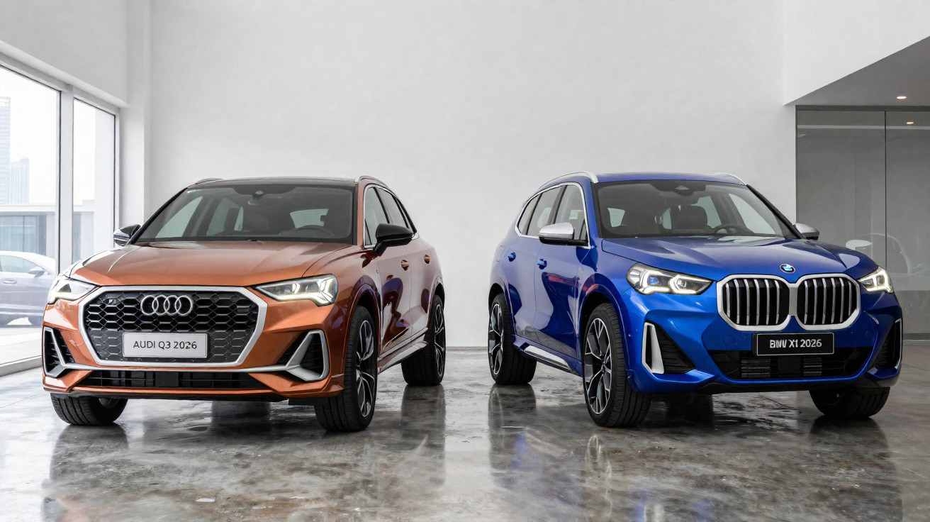 Zwei neue 2026 SUV-Modelle in einer Ausstellung: orange Audi Q3 und blauer BMW X1 nebeneinander.