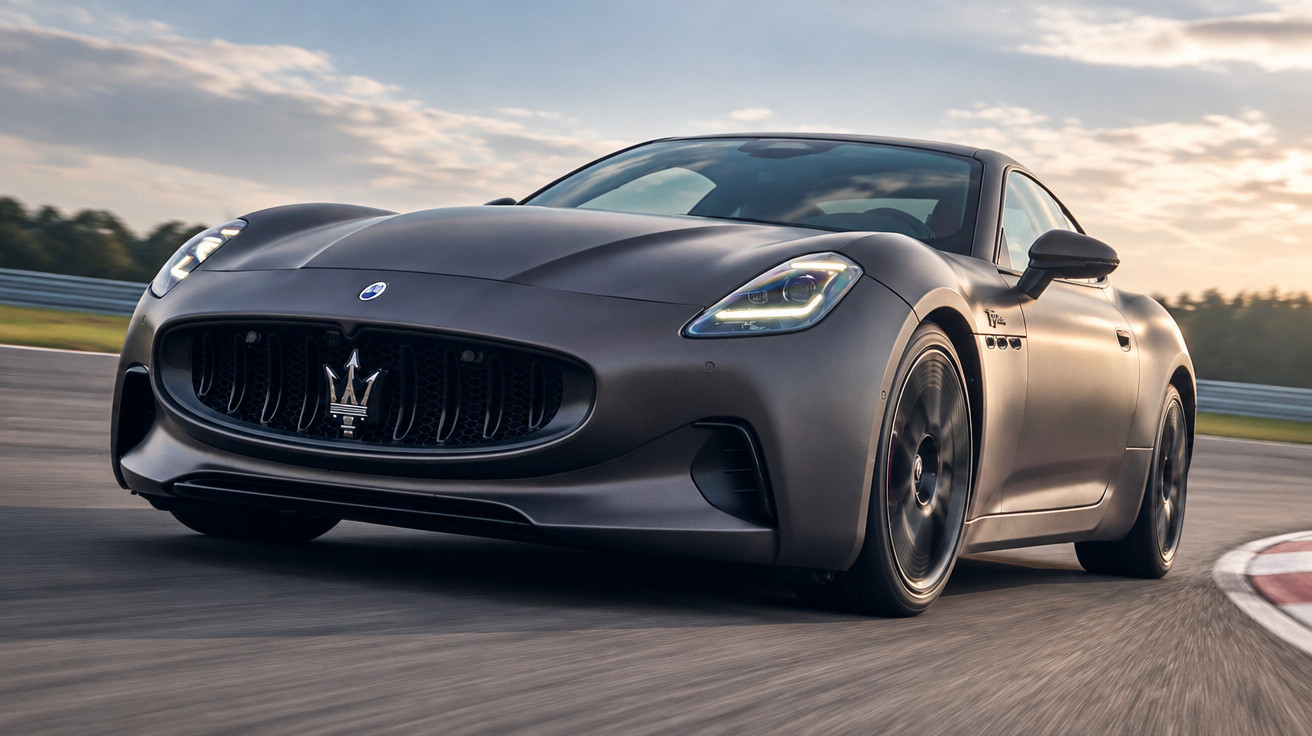 Mattschwarzer Maserati-Sportwagen auf Rennstrecke, seitlich aus niedrigem Winkel bei Dämmerung fotografiert.