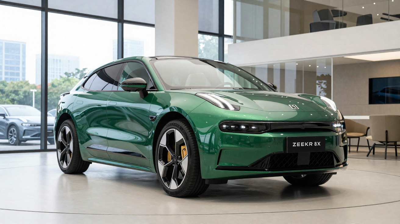 Grünes Elektroauto Zeekr 8X in modernem Showroom mit großen Fenstern und Büromöbeln im Hintergrund.