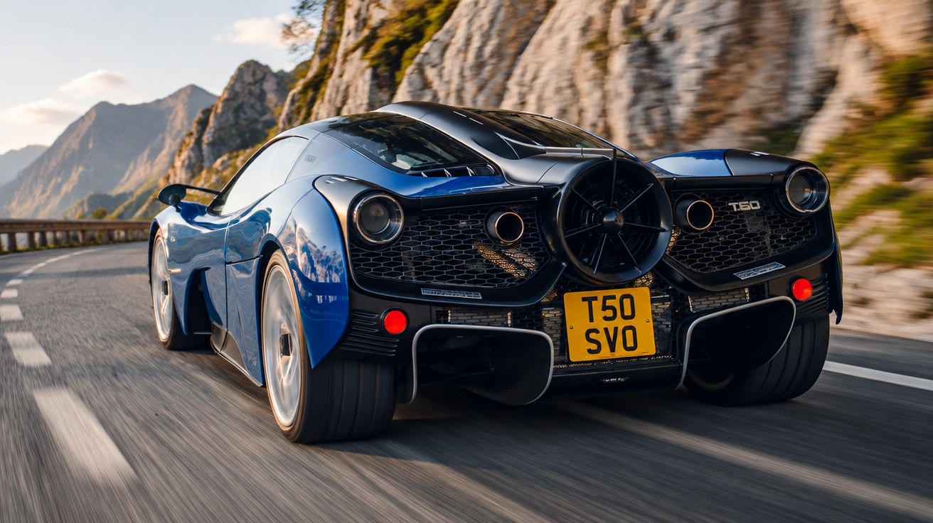 Blauer McLaren T.50 Sportwagen fährt auf Bergstraße mit Felsen im Hintergrund bei Sonnenlicht