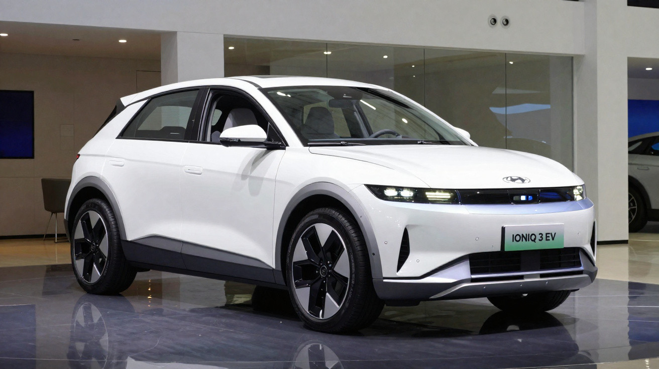 Weißer Hyundai Ioniq 3 EV Elektro-SUV in Ausstellungshalle mit moderner Architektur im Hintergrund.