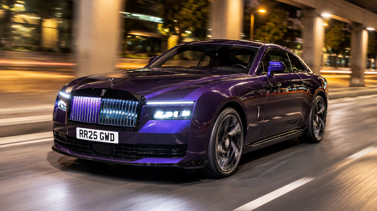 Lila Rolls-Royce Coupé fährt nachts mit eingeschaltetem Licht auf einer Stadtstraße.