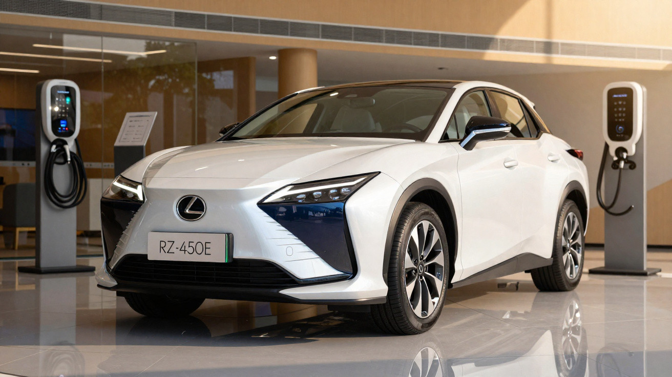 Weißes Lexus Elektroauto Modell RZ-450E in einem modernen Ausstellungsraum mit Ladestationen im Hintergrund.