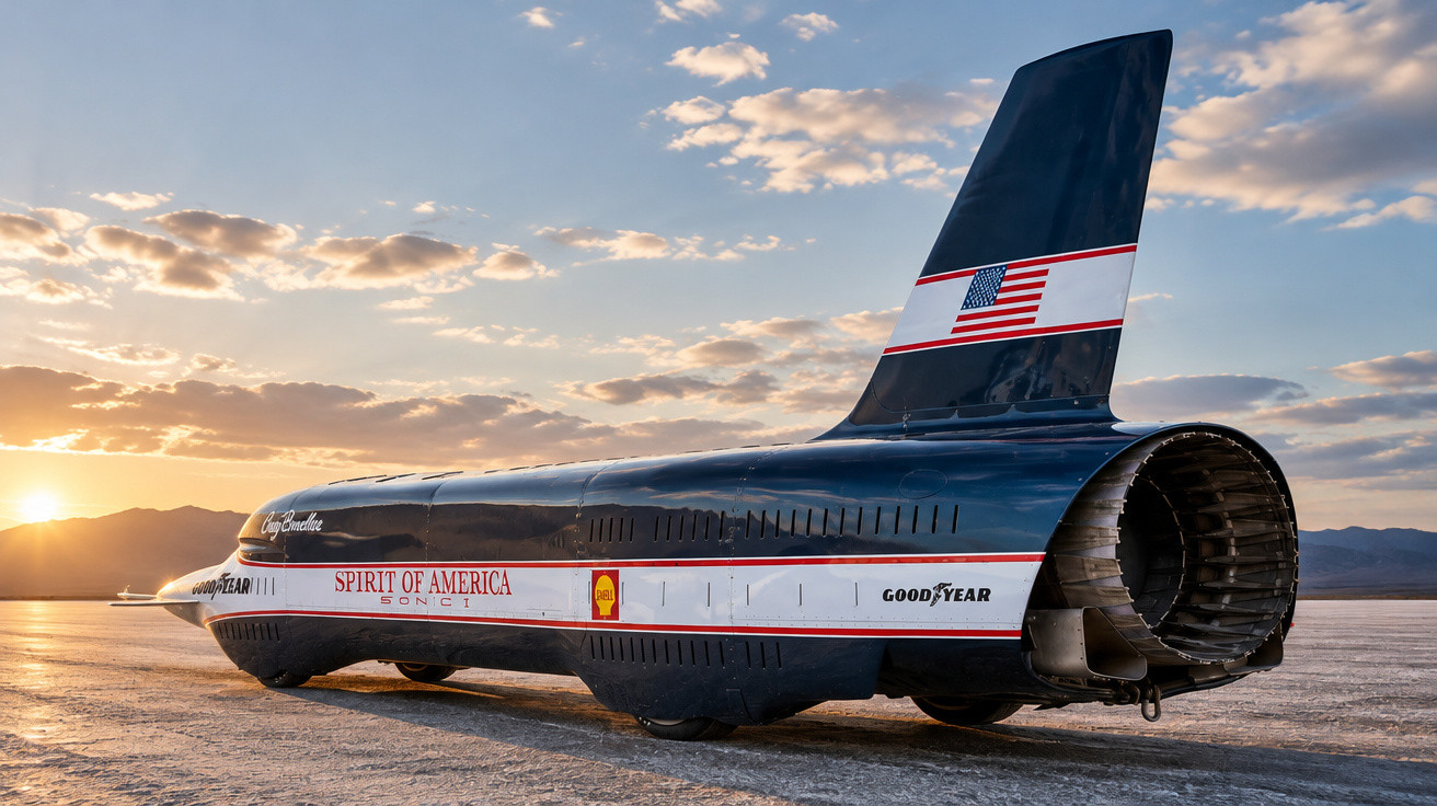 Das Raketenauto Spirit of America Sonic 1 steht bei Sonnenuntergang auf einer Wüstenfläche.