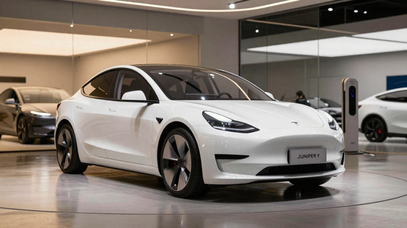 Weißer Tesla Model 3 vor Spiegelwand in einem modernen Autohaus mit Ladestation im Hintergrund.