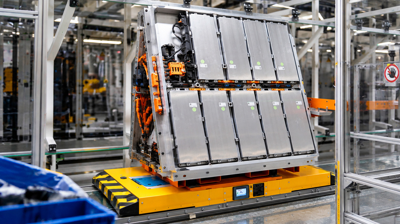 Großer Batteriepack mit metallischen Zellen auf einem automatisierten Fördersystem in Fabrikumgebung.