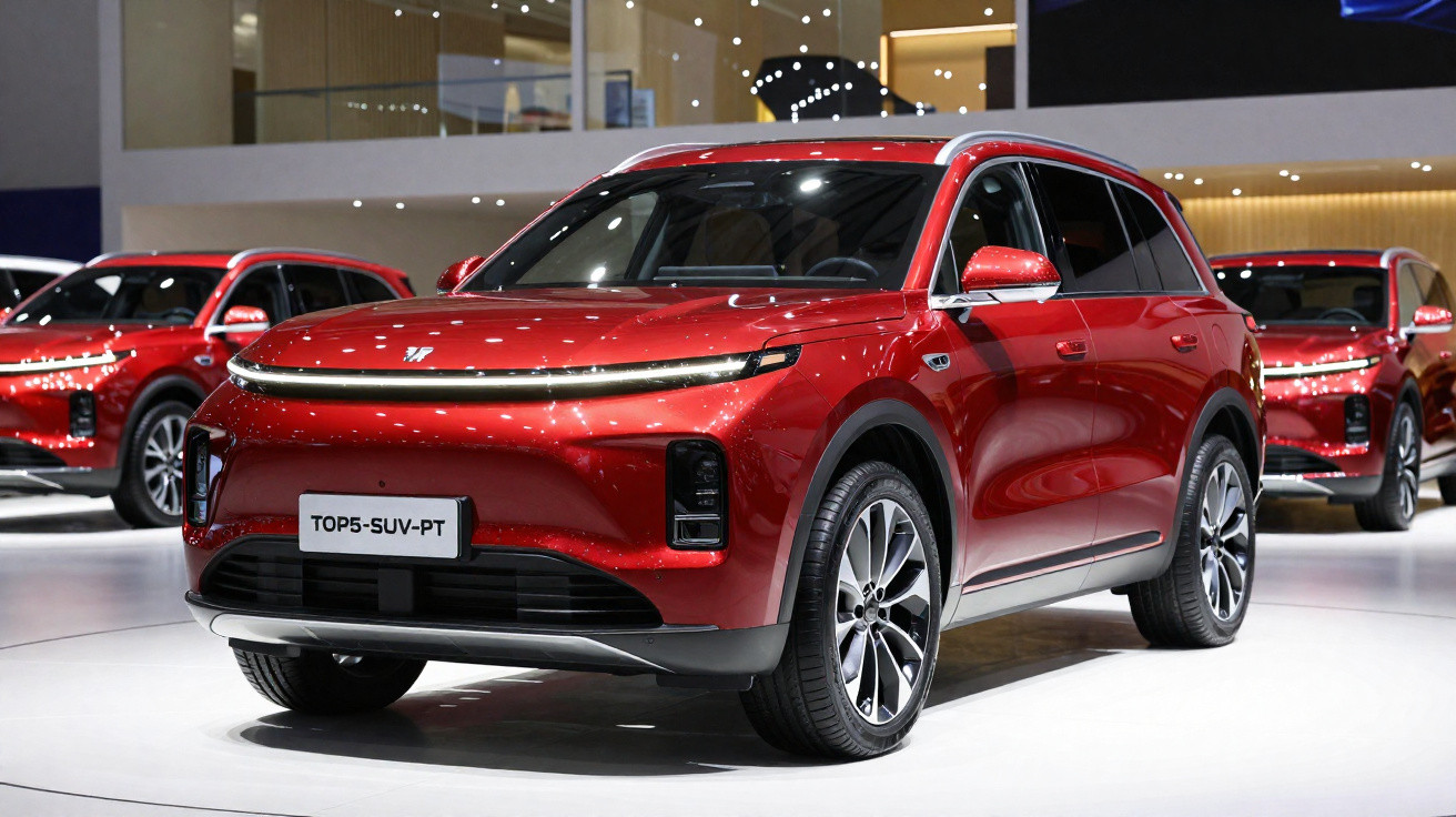 Roter moderner SUV auf Automesse mit glänzendem Finish und stilvoller Frontleuchte.