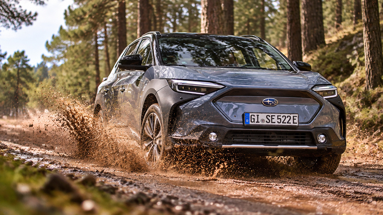 Silberner Subaru SUV fährt schnell auf einem schlammigen Waldweg und spritzt Schlamm nach beiden Seiten.