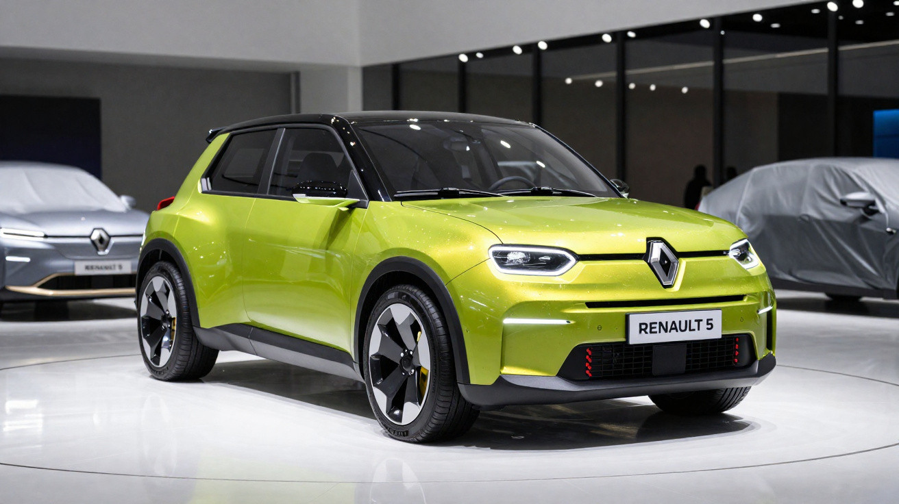 Grünes Renault 5 Elektroauto auf weißem Messestand mit schwarzem Dach und modernen Scheinwerfern.