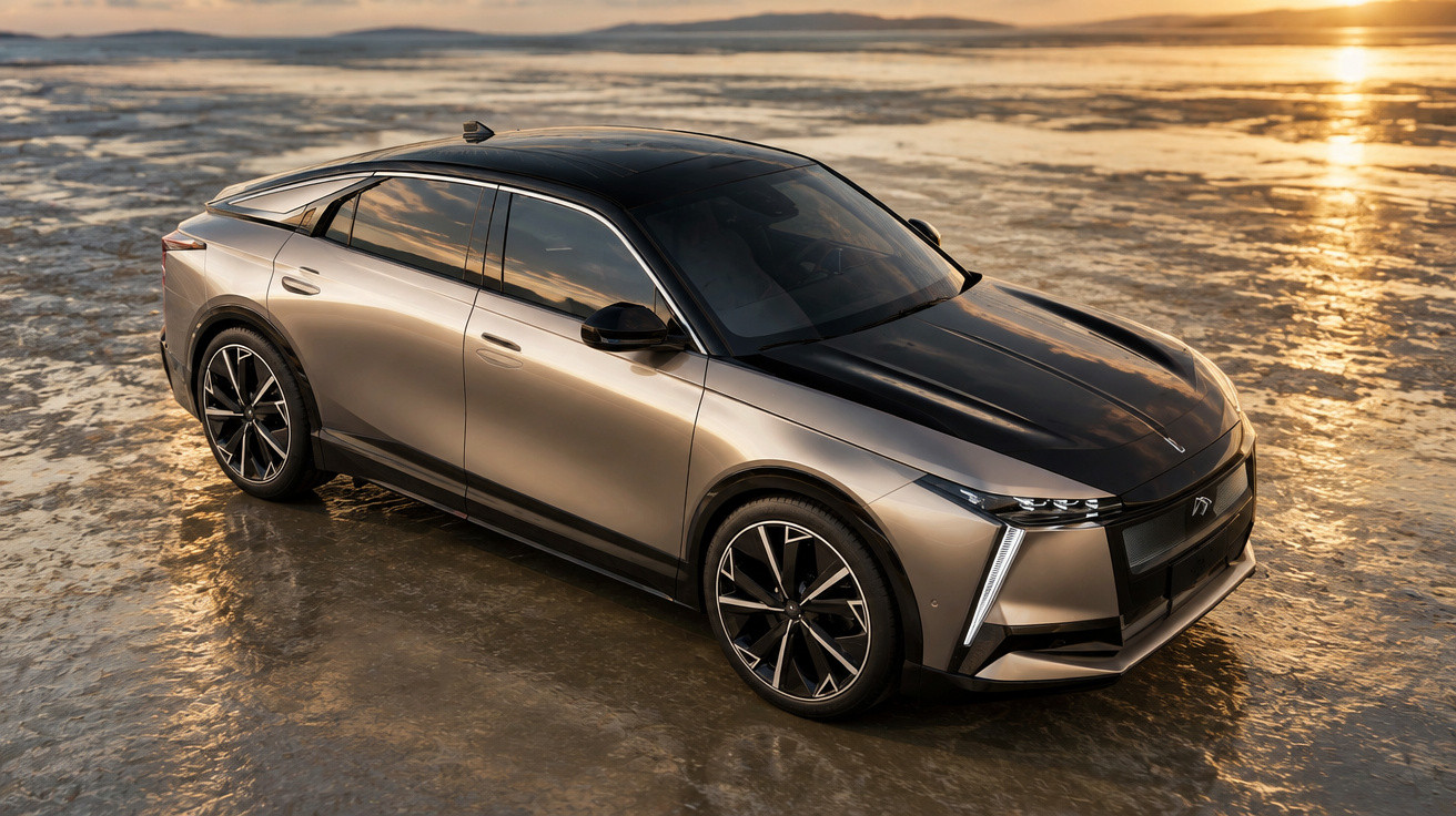Moderner Elektro-SUV in mattem Gold und Schwarz steht bei Sonnenuntergang auf nassem Strandboden.