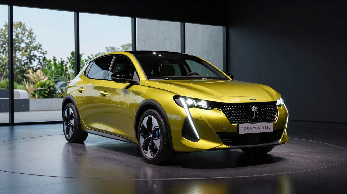 Gelber Peugeot 208 Hybrid 136 in modernem Showroom mit großem Fenster im Hintergrund.