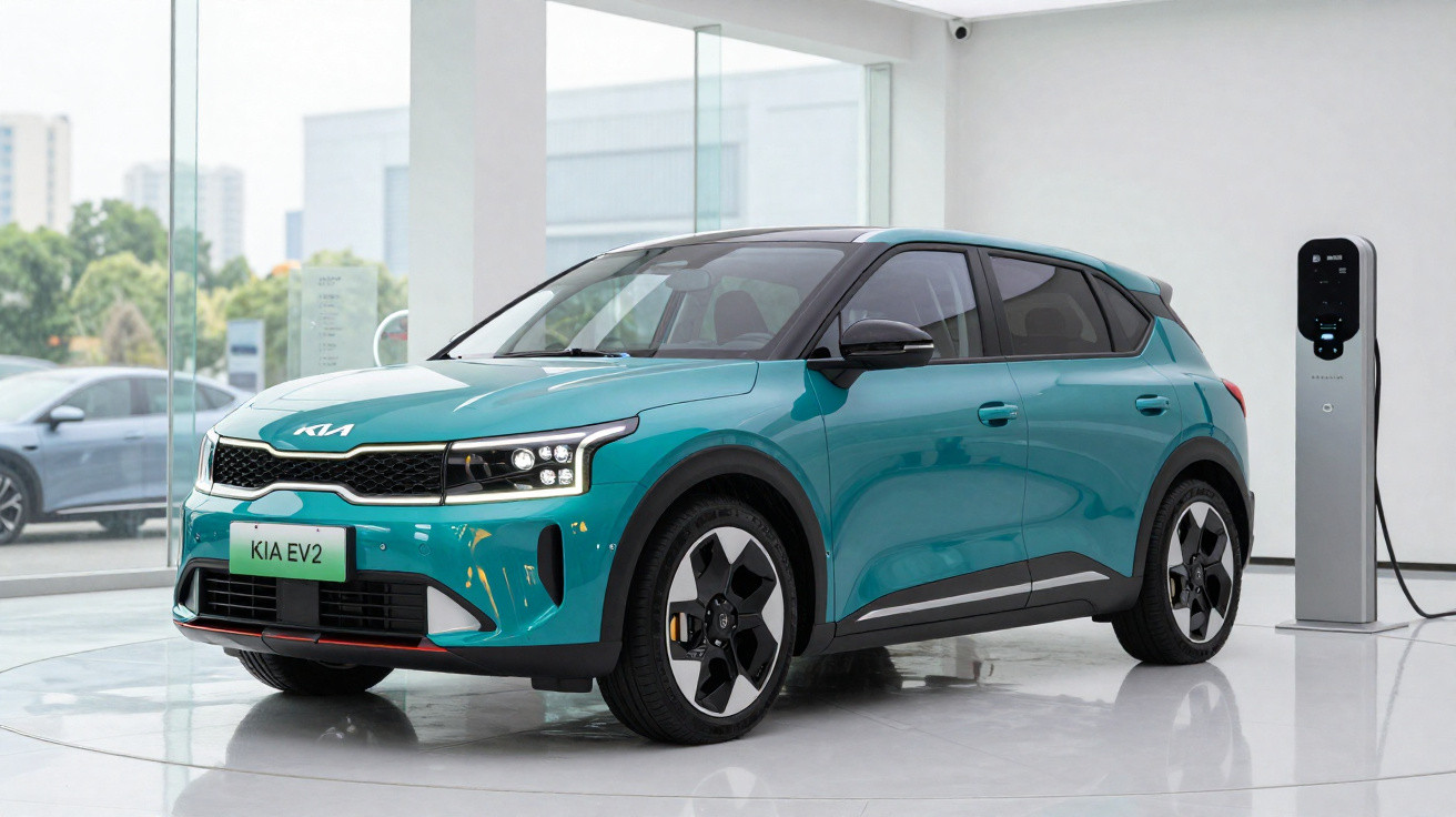 Kia EV2 Elektroauto in Türkis steht an Ladestation in hellem Showroom mit großen Fenstern.