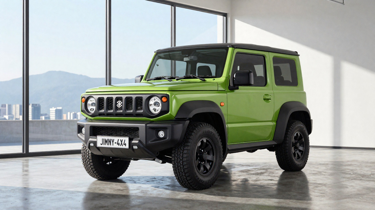 Grüner Suzuki Jimny 4x4 Geländewagen in modernem, hellem Showroom mit großen Fenstern und Industrie-Boden.