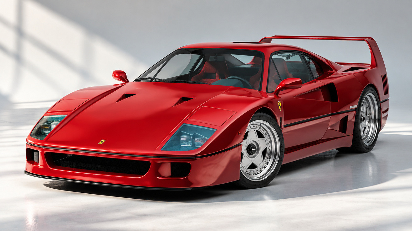 Roter Ferrari F40 Supersportwagen mit markantem Heckspoiler in hell beleuchtetem Raum.